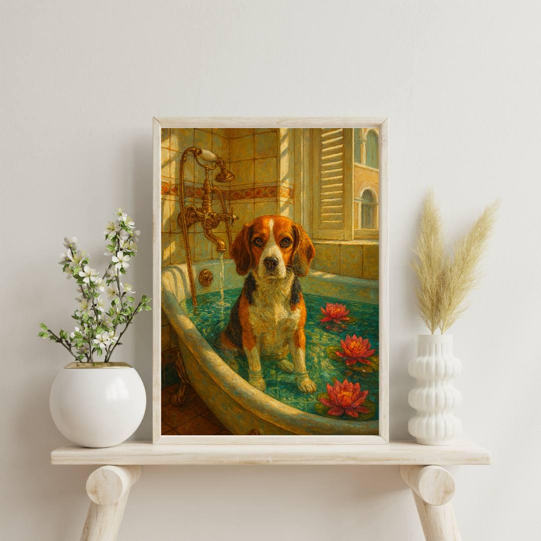 Vintage Dog Bath Art Print: Beagle in Ornate Tub (Digital Download)