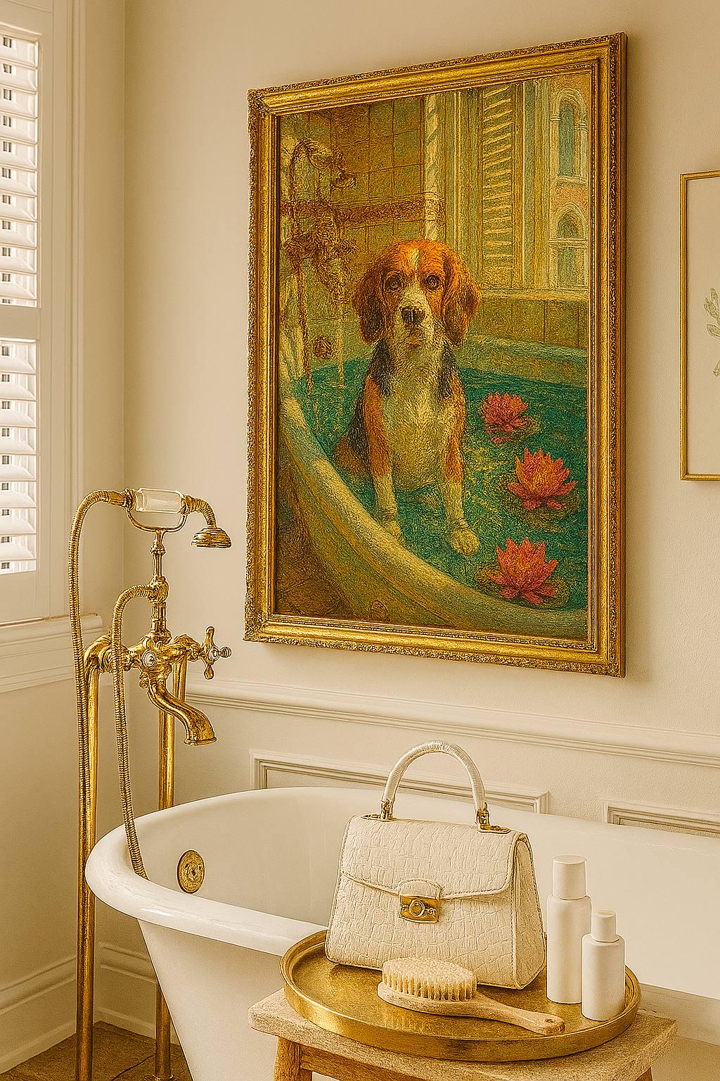 Vintage Dog Bath Art Print: Beagle in Ornate Tub (Digital Download)